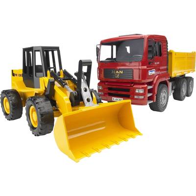 A yellow digger with a large bucket next to a red lorry. Both vehicles are toy models on a white background.