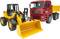 A yellow digger with a large bucket next to a red lorry. Both vehicles are toy models on a white background.