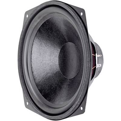 Black speaker with silver trim and exposed cable connection. Ideal for audio systems and home cinema applications.
