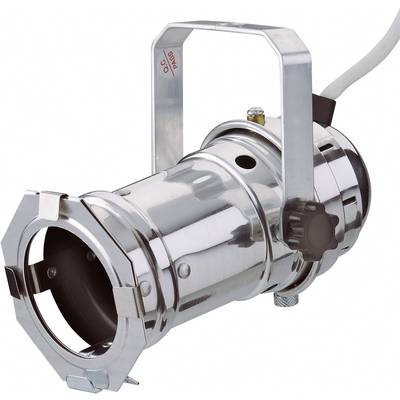 A silver stage spotlight with an adjustable handle and cable connection, used for lighting at events.