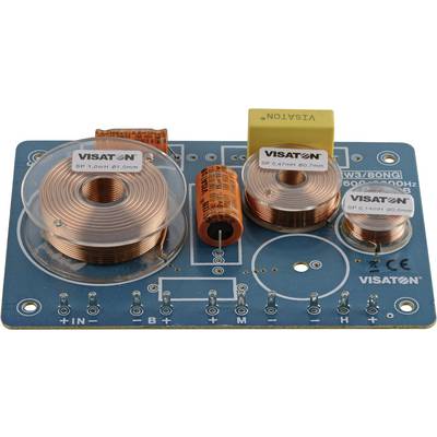 A crossover network with three copper coils, a yellow capacitor, and an orange component, mounted on a blue circuit board.