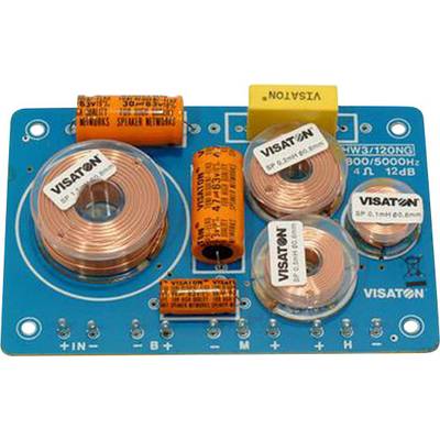 'Electronic crossover from Visaton with various inductors and capacitors on a blue circuit board.'