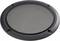 Round speaker grille, black, with fine mesh and plastic frame, provides protection and cover for speaker membranes.