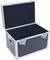 A black, open transport case with metal cladding and side handles. Ideal for securely storing equipment.
