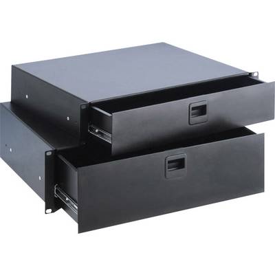 Two black metal drawers, slightly open, stacked on top of each other, each with a handle on the front.