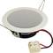 A round ceiling speaker with a white grille, two metal mounting brackets and a cable with a plug for connection.