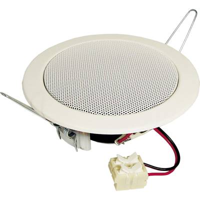 A round ceiling loudspeaker with metal cover and cable connection, suitable for installation in ceiling tiles.