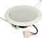 A round ceiling loudspeaker with metal cover and cable connection, suitable for installation in ceiling tiles.