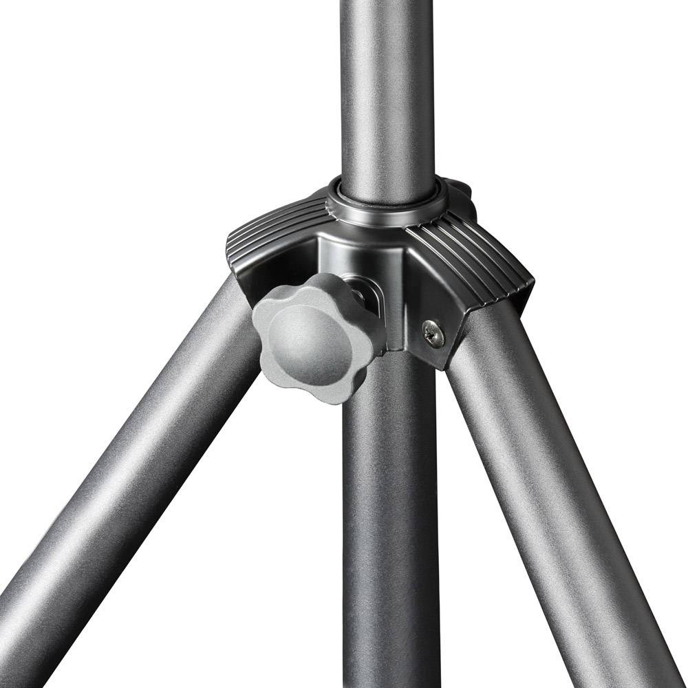 Tripod leg with a screw for height adjustment. It is part of a three-legged camera tripod made of metal.