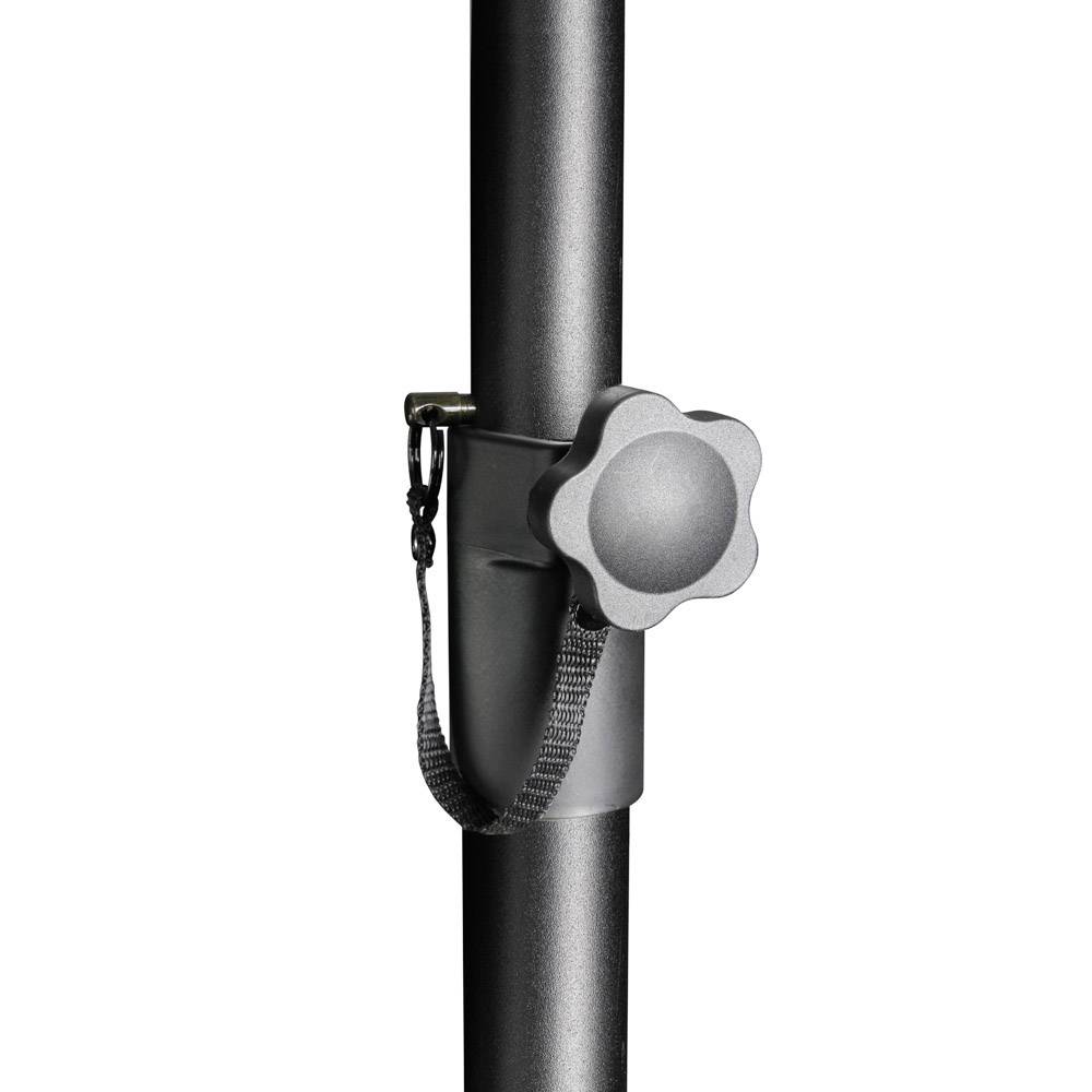 A black tripod leg with a clamping screw and a strap for secure fastening.