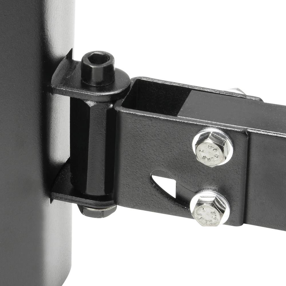 Close-up of a black metal joint with screws connecting two parts. It shows a robust construction, possibly part of a piece of furniture or device.