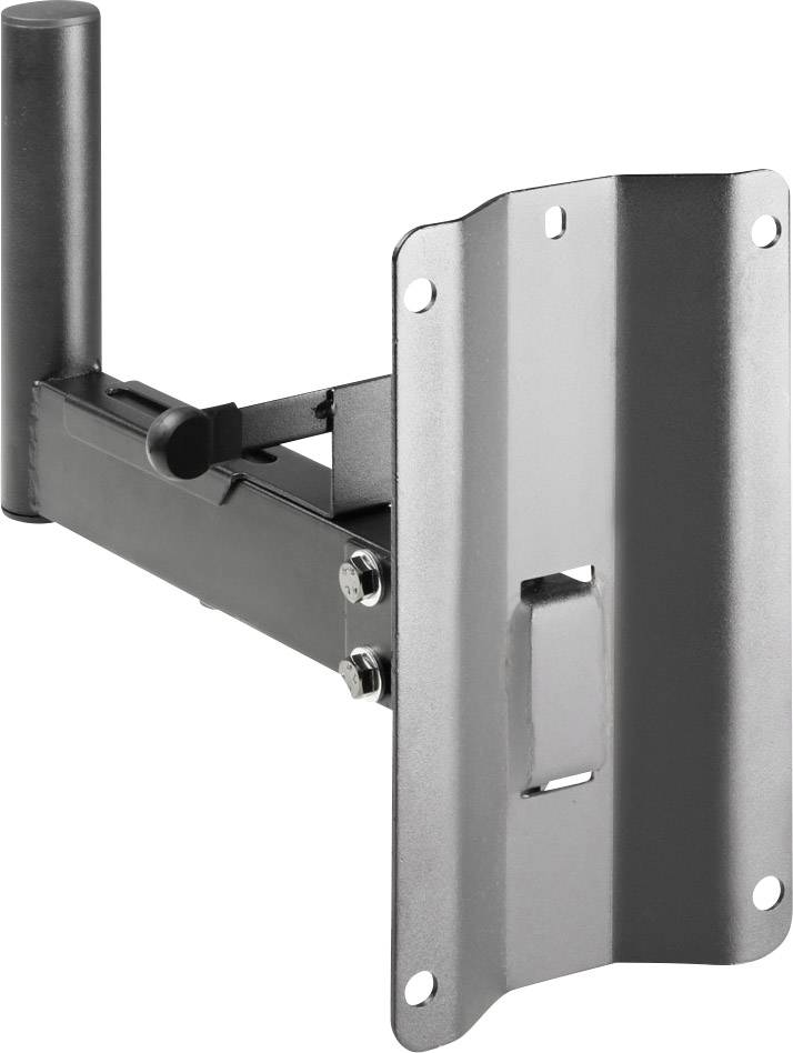 Pivoting metal wall mount, suitable for securing devices. Includes screw holes for easy installation.