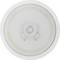 White, round speaker with a grille in the centre.