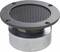 Round speaker with a black, perforated grille on top and a metallic base. Suitable for audio applications.