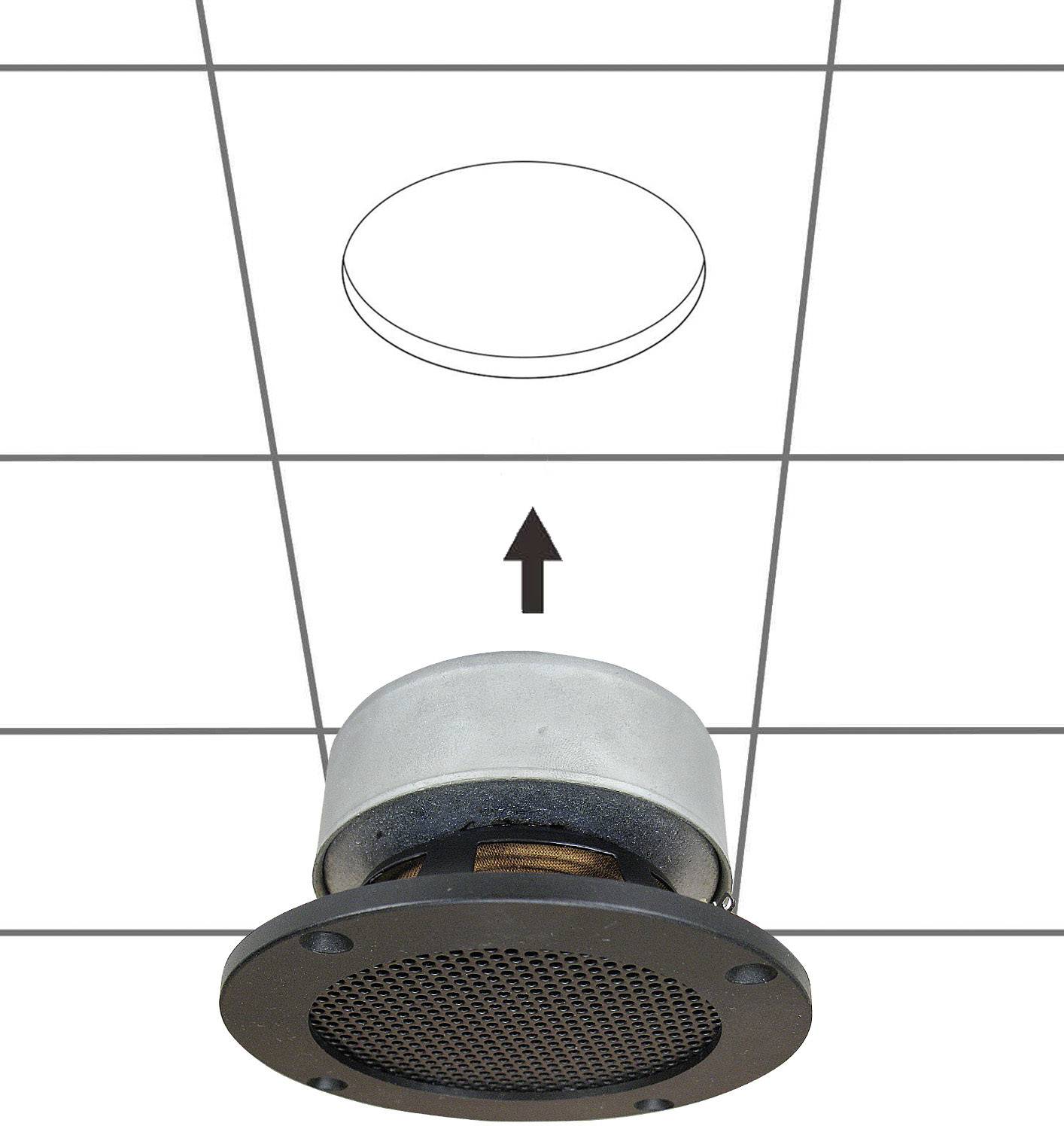 Speakers mounted in a suspended ceiling; the arrow indicates the installation position.