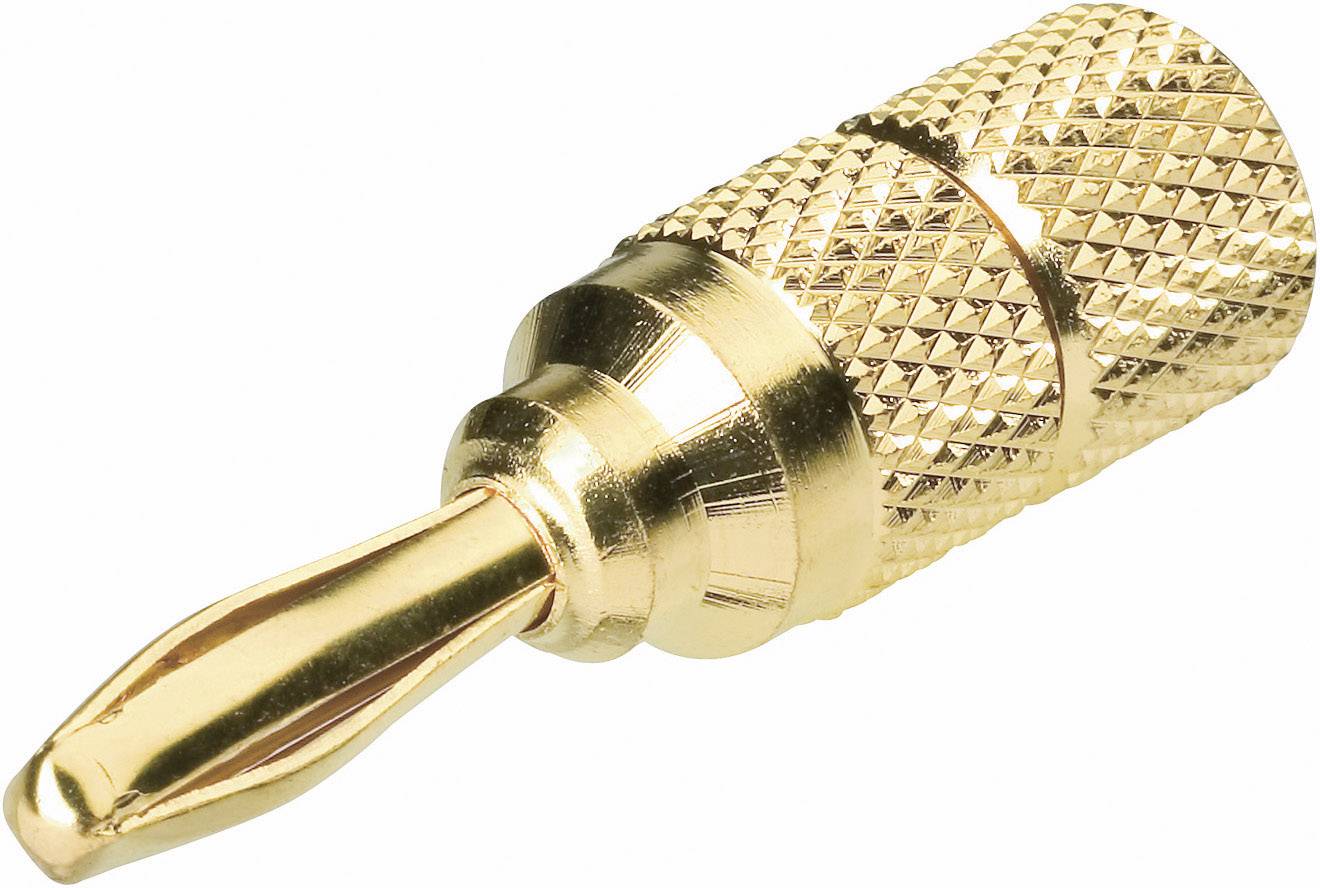 'Gold-plated banana plug with texture, used for audio systems.'