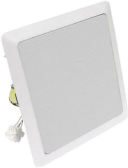Square speaker with a white frame, designed for ceiling or wall mounting, with visible cable and mounting bracket.