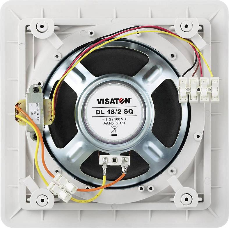 Back of a square loudspeaker with cable connections and metal mounting brackets. Brand 'Visaton', Model 'DL 18/2 SQ'.