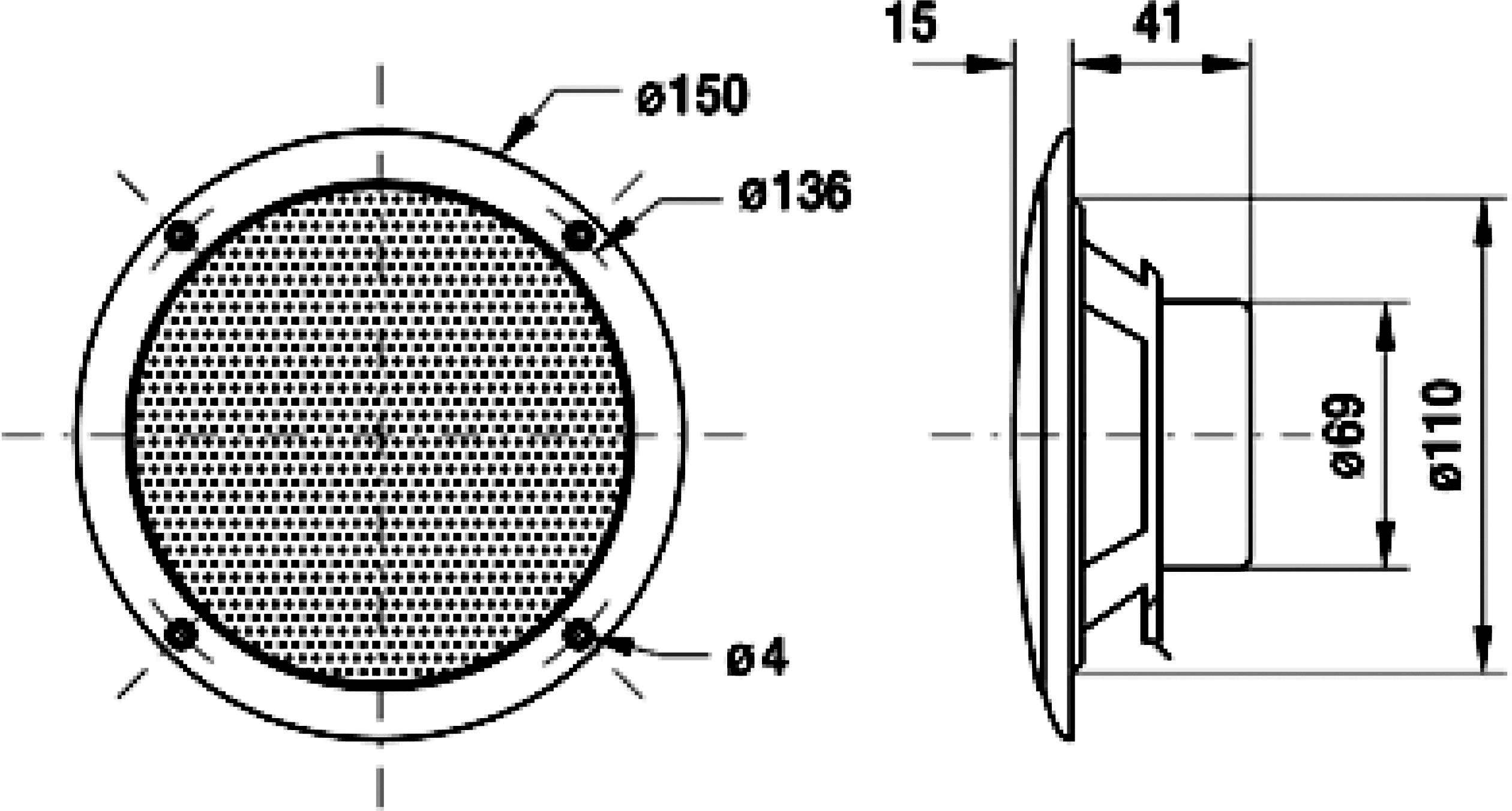 'Drawing of a round ventilation grille with diameter specifications: external ø150, internal ø136, hole ø4. Side view shows depth 41, pipe ø69, ø116.'