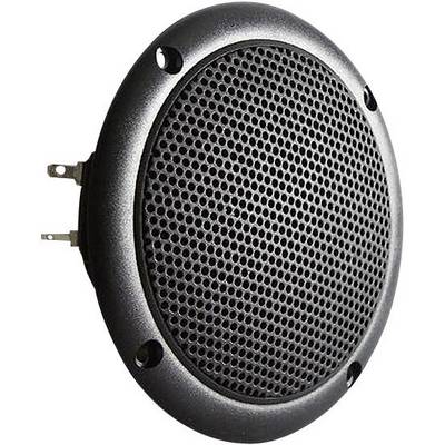 Rounded black speaker grille with perforated surface, side view.