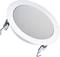 Round, white built-in loudspeaker with metal grille, suitable for ceiling installation in indoor spaces.