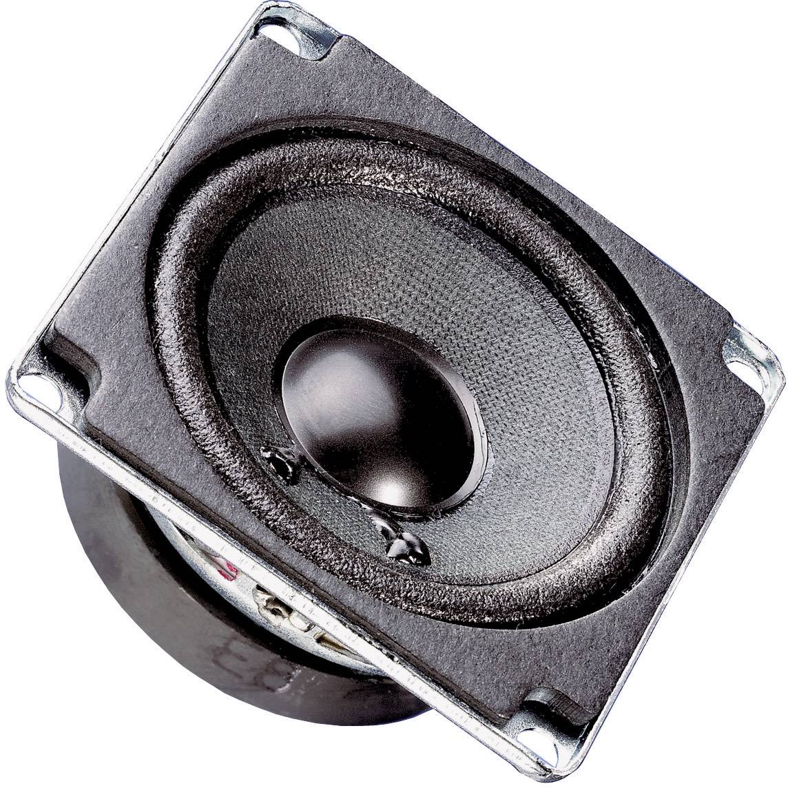 Loudspeaker viewed from above, showing an oval cone and four screw holes at the corners of the metal frame.