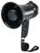 Black megaphone with carrying handle and black shoulder strap, used for amplifying speech or music at events.