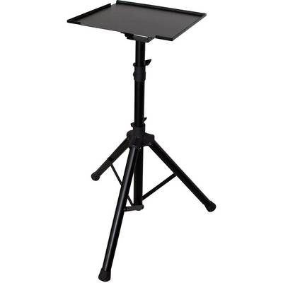 Black, height-adjustable stand with rectangular surface, suitable for projectors or laptops.