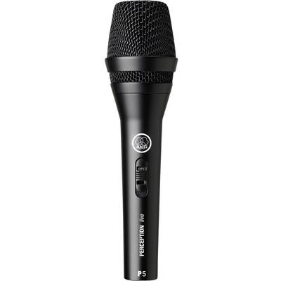 Black handheld microphone with switch, marked with 'AKG' and 'P5', suitable for vocal and speech recordings.