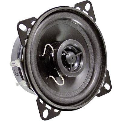 A black circular loudspeaker with four metal fixings on the sides, revealing wire coils and a central cone construction.
