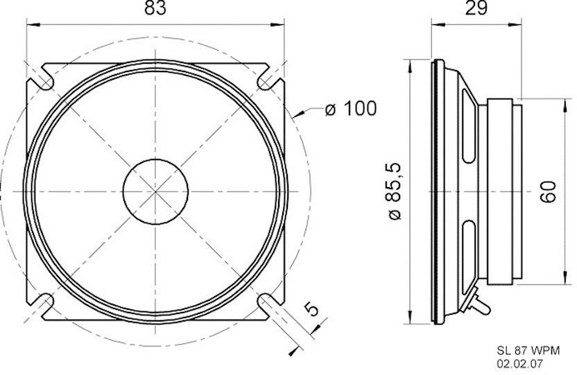 Technical drawing of a square loudspeaker with dimensions 83x29 mm. Circular loudspeaker with Ø 100 mm. Side view shows 60 mm depth.
