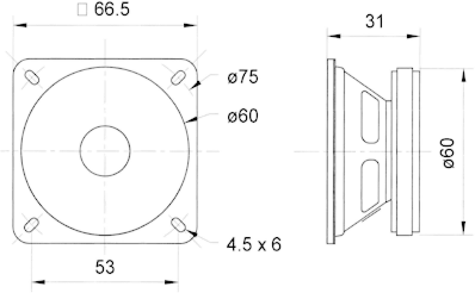 Technical Drawing of a Loudspeaker with Dimensions: Front view shows a square frame, side view shows depth and structure.
