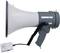 Megaphone with a grey casing and white horn, with a cable and microphone attached, set against a white background.