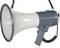 Megaphone, grey in colour, with a black cable. Device used to amplify voice volume for large crowds or events.