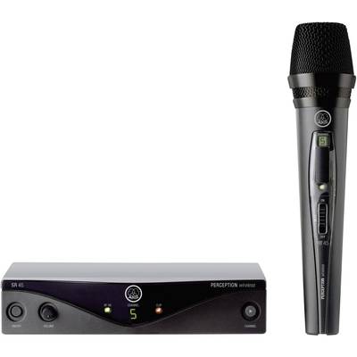 Wireless microphone set with microphone and receiver unit. The microphone features a digital display. The set is designed for wireless audio transmission.