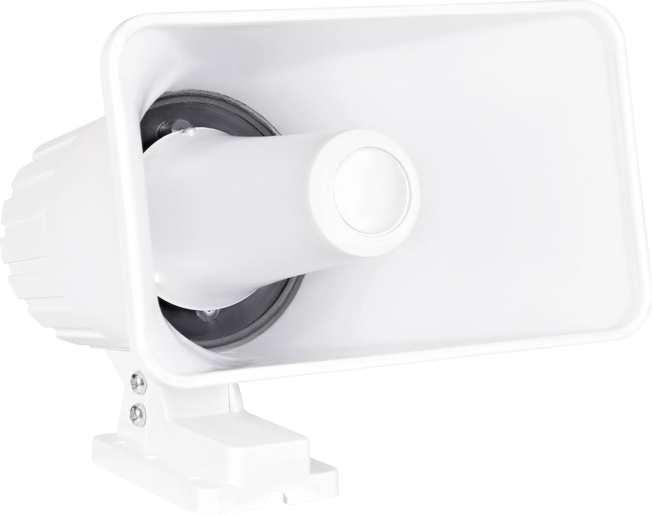 A white loudspeaker or siren with a rectangular horn, mounted on a mounting bracket.