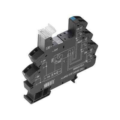 A terminal block relay with circuit diagram on the surface, used for controlling electrical signals in control panels.