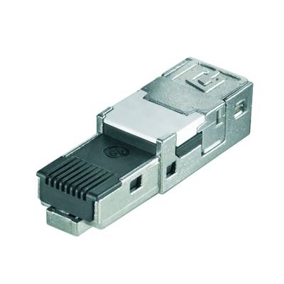 A RJ45 plug with a metal housing and plastic coating, suitable for network cable connections in IT and telecommunications applications.