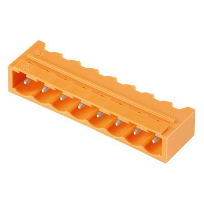 An orange electrical connector with multiple sockets, suitable for connecting insulated cables.