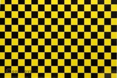 Black and yellow chequered pattern of equally sized squares.