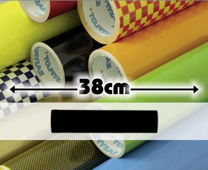 Several colourful adhesive film rolls side by side, with a print '38 cm' indicating the roll width.