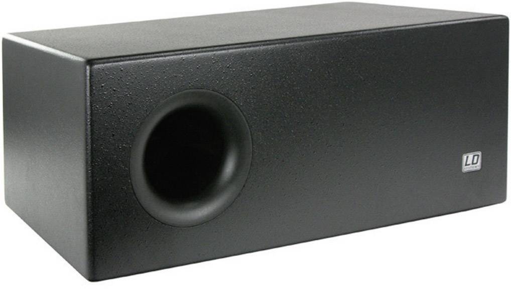 Black speaker with bass reflex port and LD logo. Rectangular shape, used for audio playback in various environments.