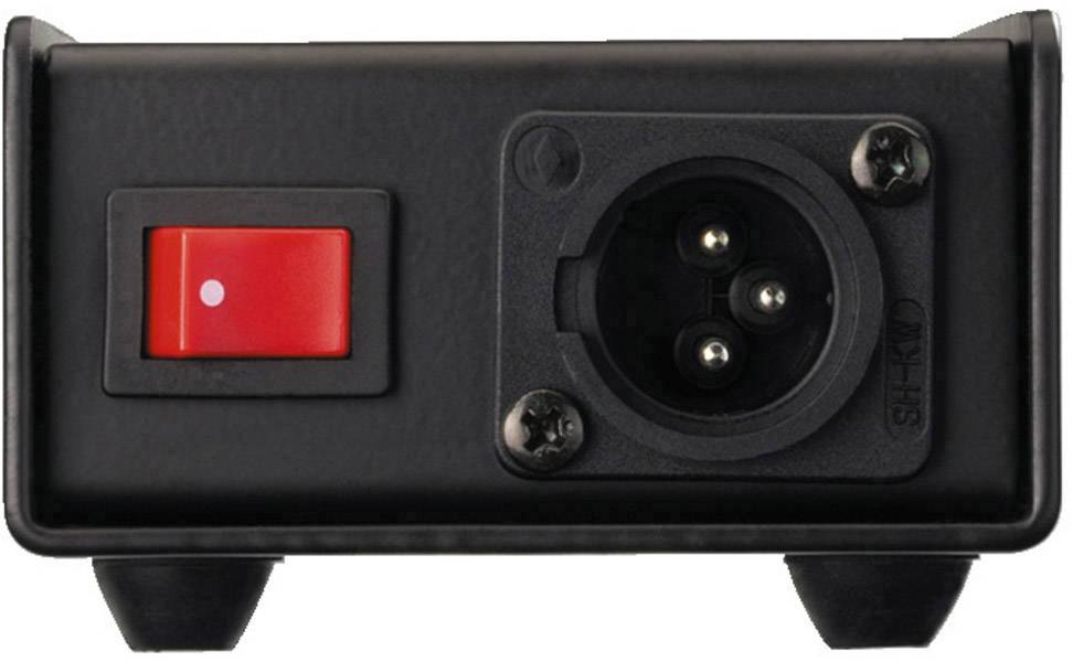 A black box with a red toggle switch on the left and an XLR connection on the right, used for audio connections.
