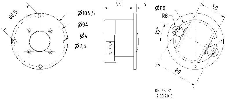 Technical drawing of a cylindrical component with dimensions in millimetres. Shows front, side, and top views, with marked diameters and distances.