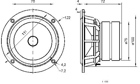 Technical drawing of a round loudspeaker in two views: Front view shows 111 mm diameter, side view shows 100 mm depth. Dimensions and details marked.