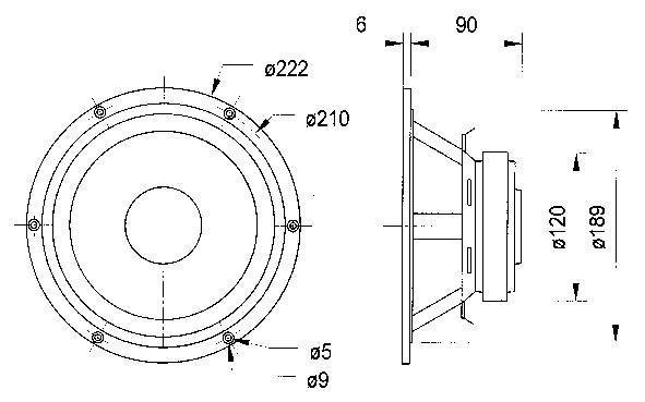 A diagram of a speaker shows front and side views with dimensions: diameter 222 mm, depth 90 mm, mounting holes 5 mm.