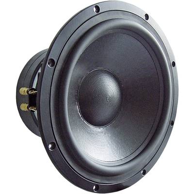 Close-up of a black speaker with a visible subwoofer, showing the front view and connection ports on the left side.
