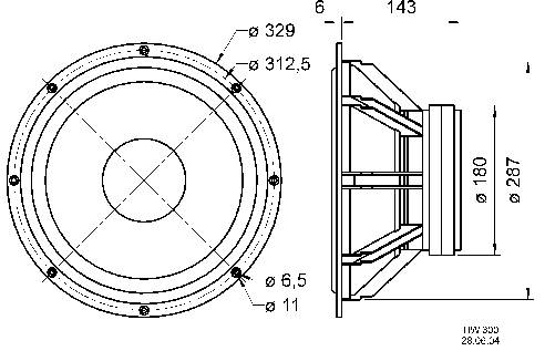 Technical drawing of a loudspeaker showing front and side views with precise measurements in millimetres.