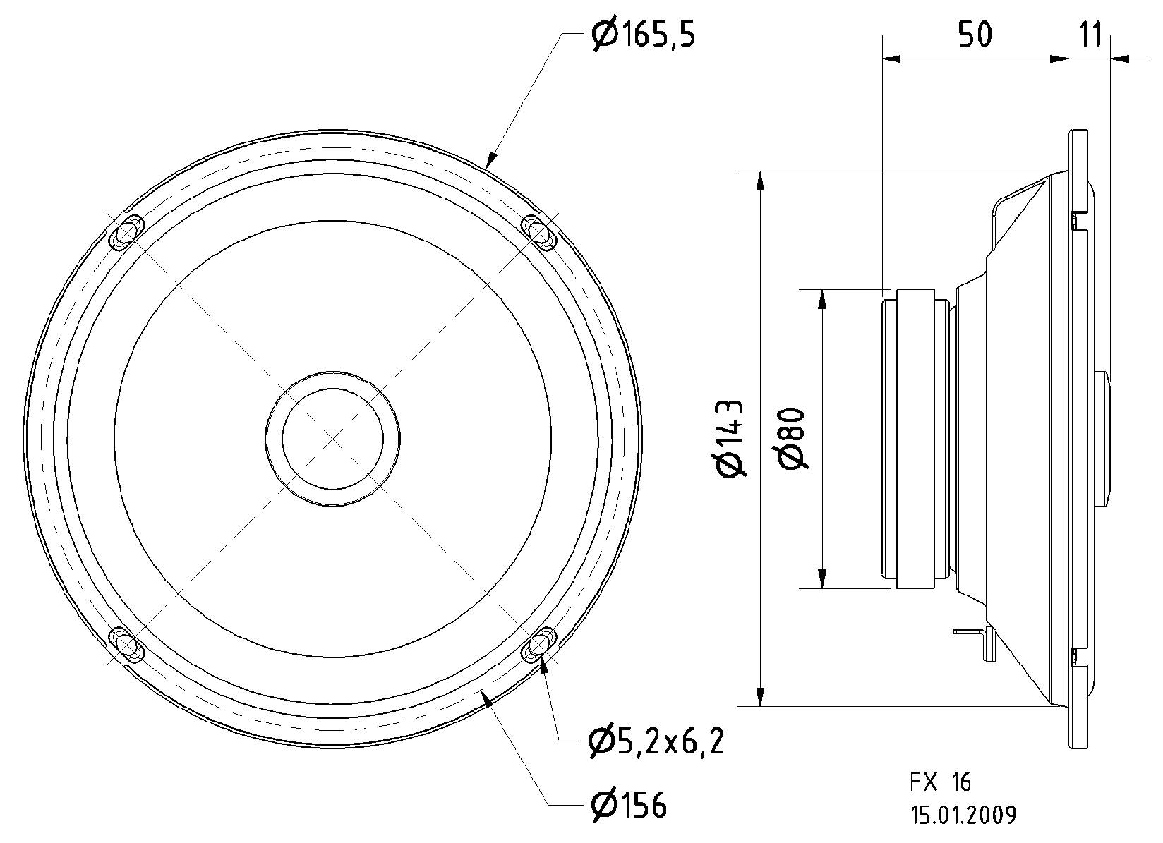 'Technical drawing of a speaker showing front and side views with dimensions in millimetres. Displays diameter and overall height.'