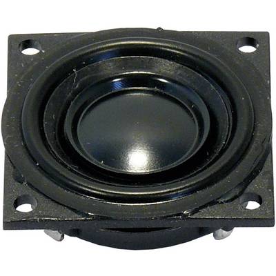 Black round speaker with a square mounting plate and screw holes at each corner, in close-up.